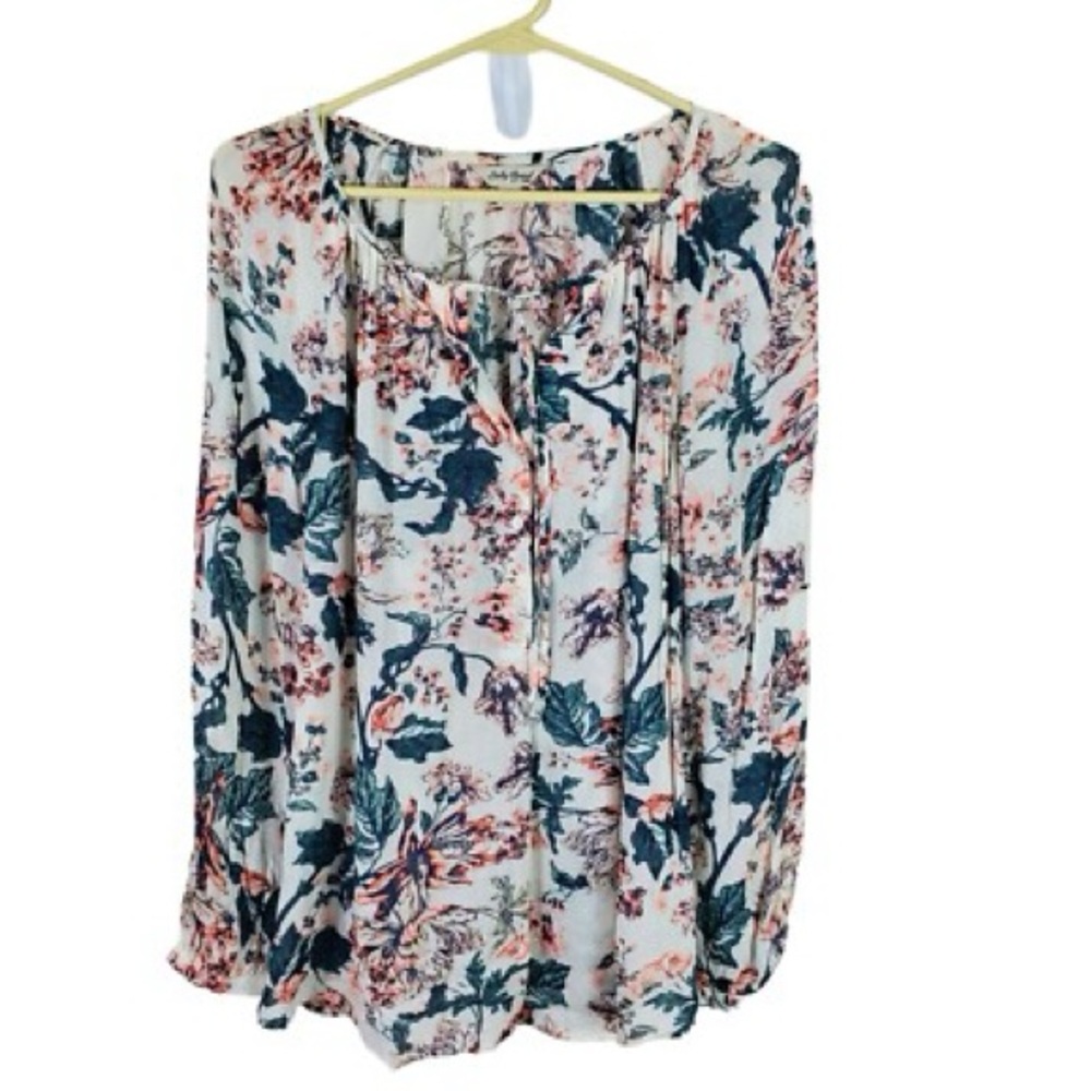 Lucky Brand White Floral Split-Neck Blouse with Navy and Coral Accents